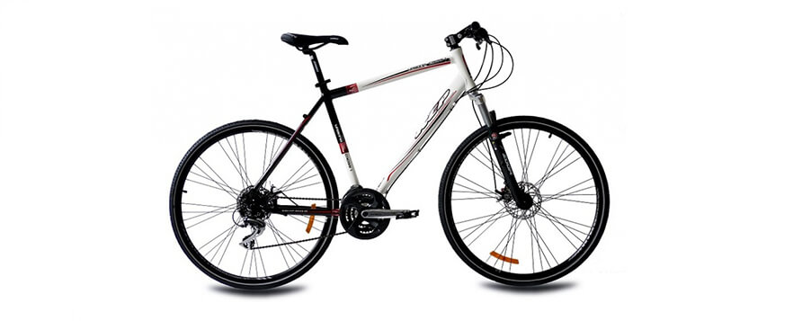 Zijaanzicht van een crosshybride fiets, een kruising tussen een mountainbike en een racefiets